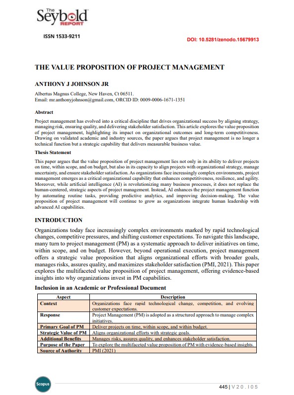 Front cover for the 'The Value Proposition Of Project Management' article by Dr. Anthony Johnson